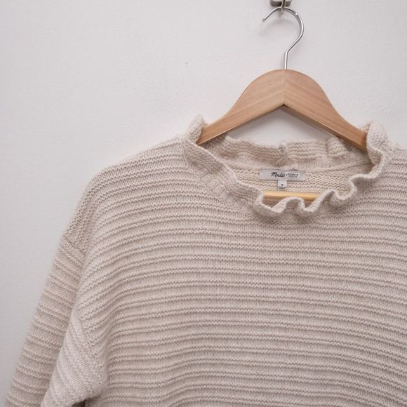 Madewell Ruffle-Neck Pullover Sweater in Cotton-Merino Yarn Cream Size Medium - Picture 5 of 13